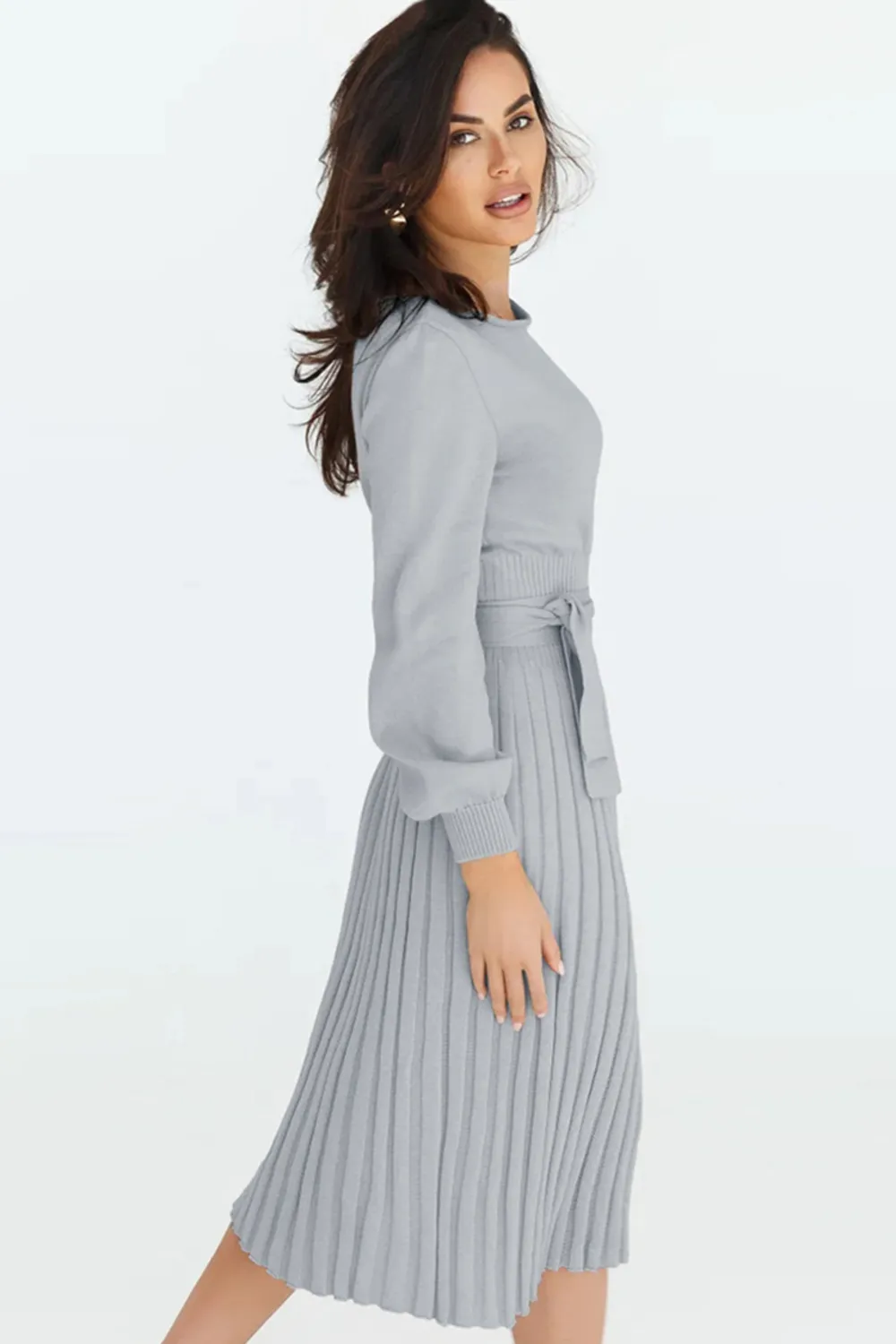 Round Neck Long Sleeve Pleated Sweater Dress, image 9