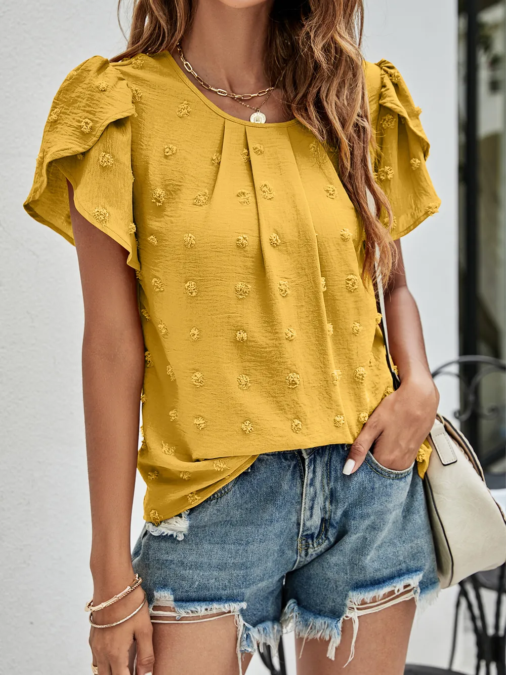 Swiss Dot Round Neck Petal Sleeve Top, image 14