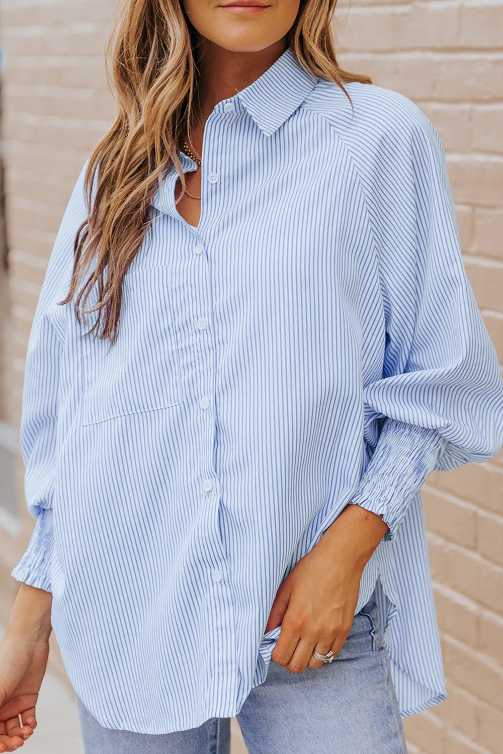 Striped Lantern Sleeve Collared Shirt, image 4