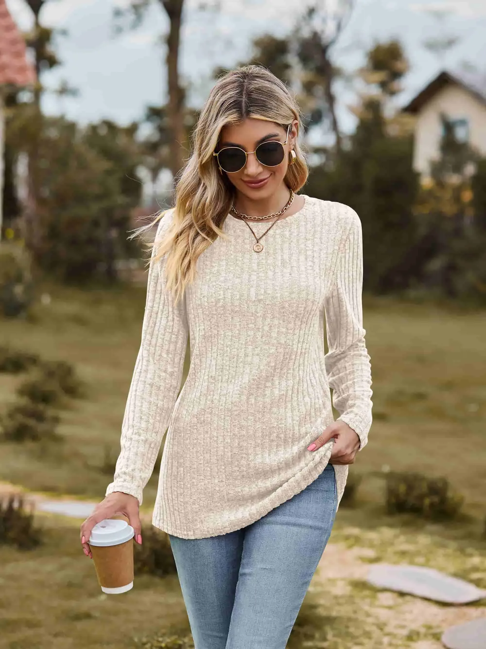 Ribbed Round Neck Long Sleeve Tee, image 18