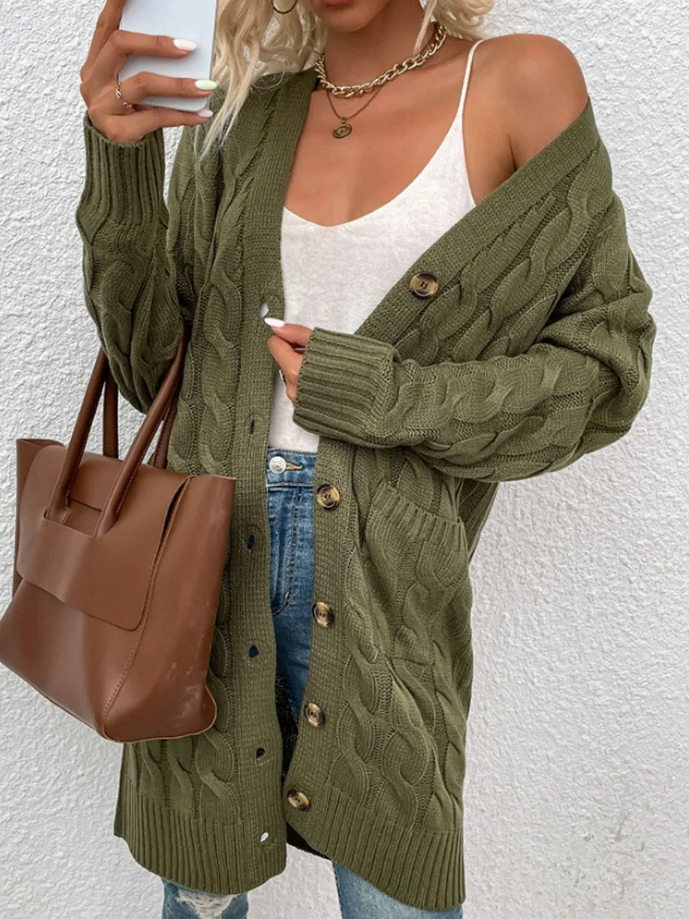 Cable-Knit Button Down Cardigan with Pockets, image 23