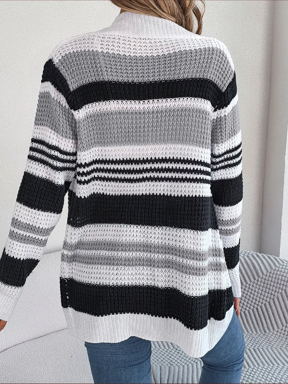 Striped Open Front Long Sleeve Cardigan, image 7