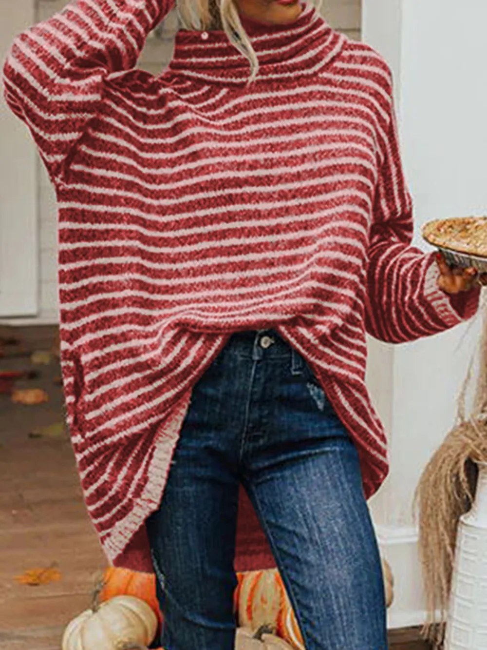 Striped Turtleneck Sweater with Pockets, image 5