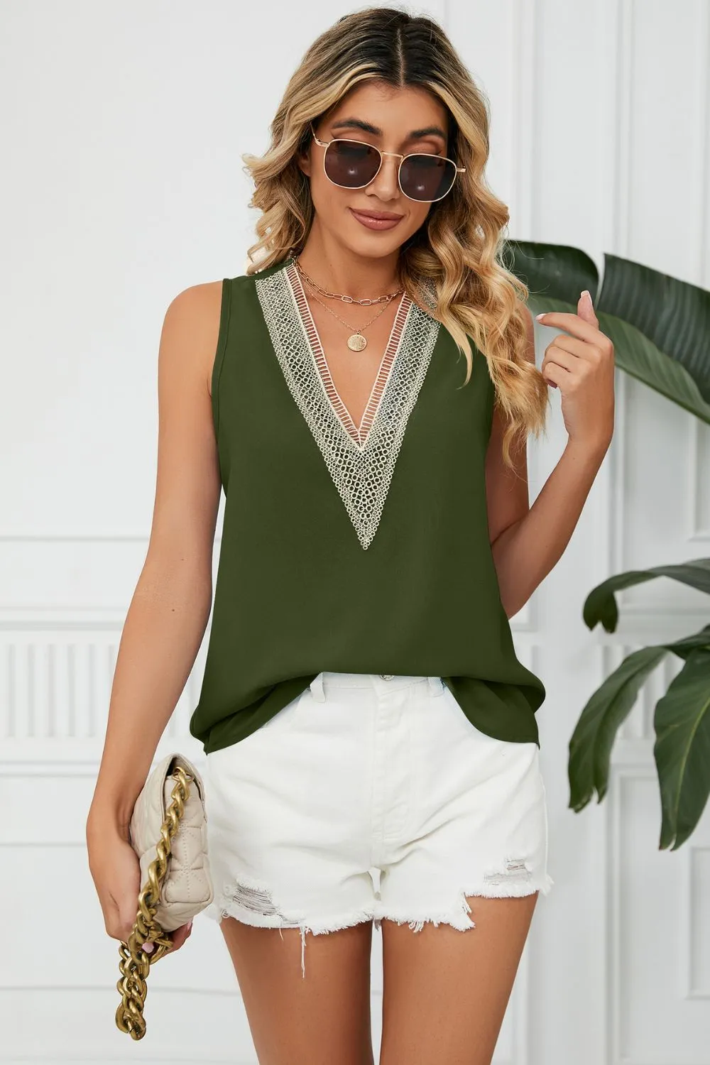 Contrast Trim Plunge Sleeveless Blouse, image 13
