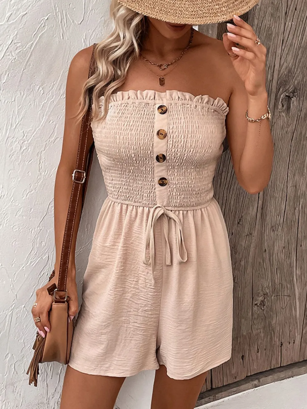 Decorative Button Smocked Strapless Romper, image 2
