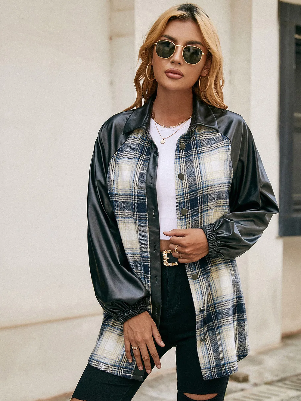Plaid Button Down Raglan Sleeve Jacket, image 9