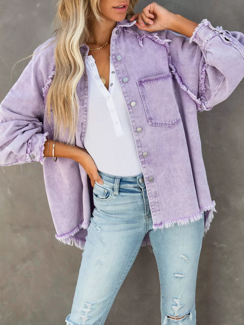 Button Down Raw Hem Denim Jacket, image 2