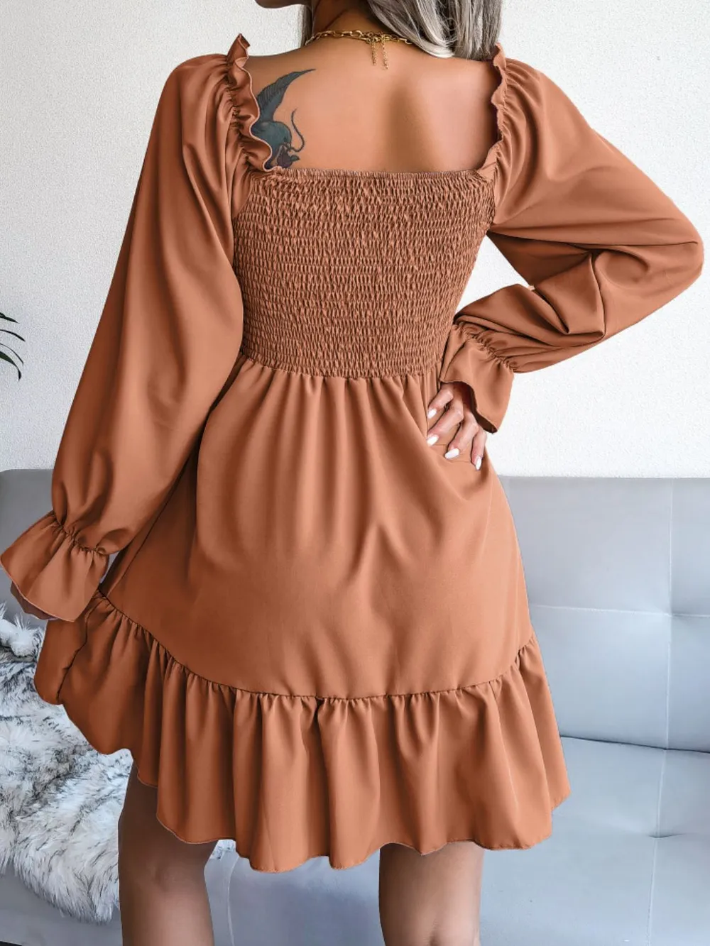 Smocked Flounce Sleeve Square Neck Dress, image 20