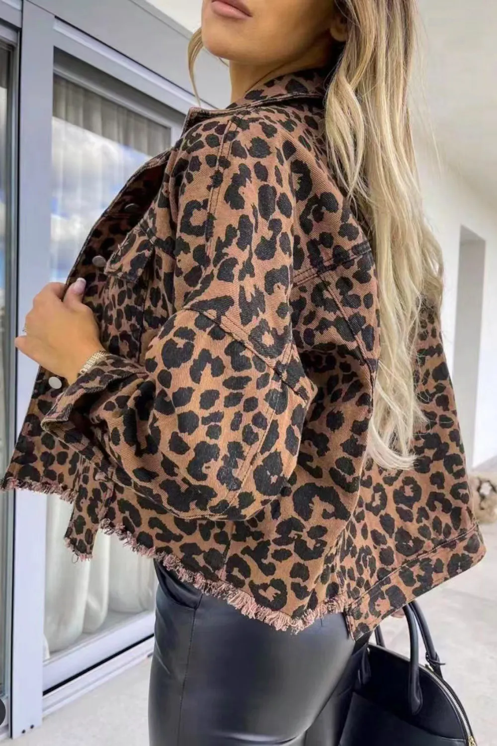 Leopard Raw Hem Denim Jacket, image 2