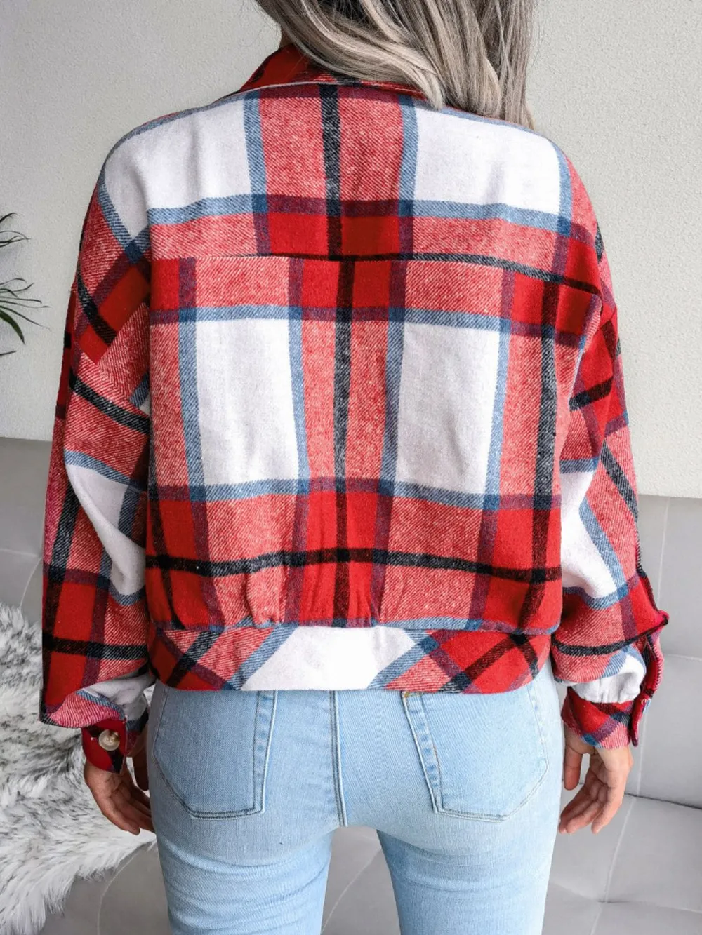 Plaid Collared Neck Drop Shoulder Jacket, image 2