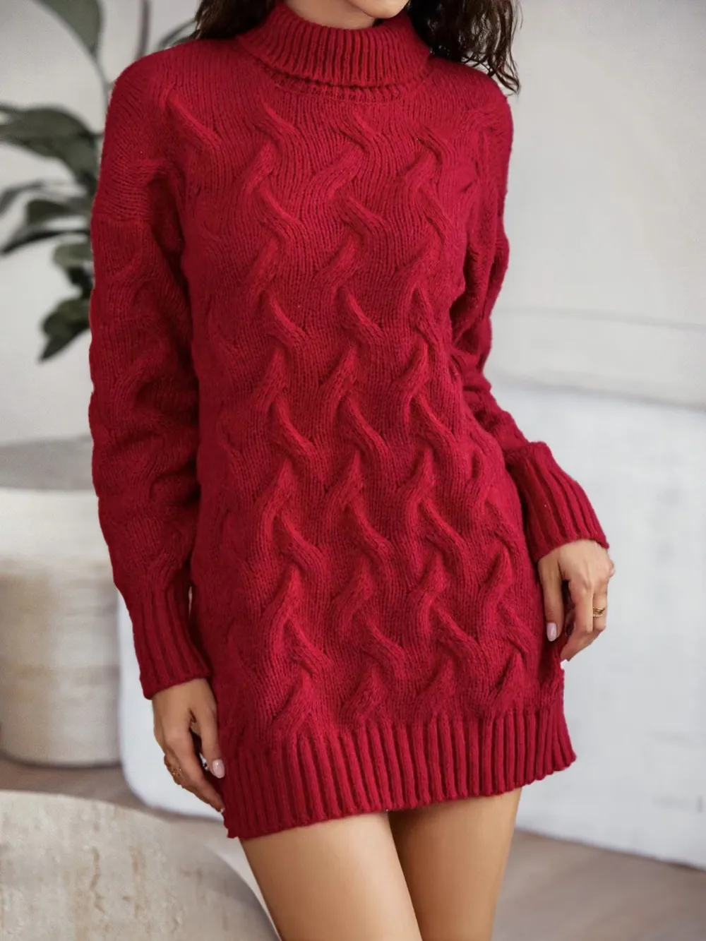 Cable-Knit Turtleneck Sweater Dress, image 8