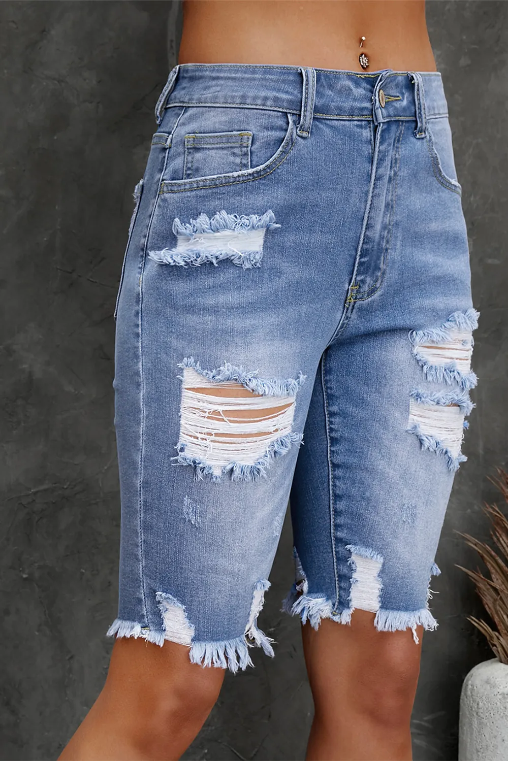Distressed Frayed Hem Denim Bermuda Shorts, image 2