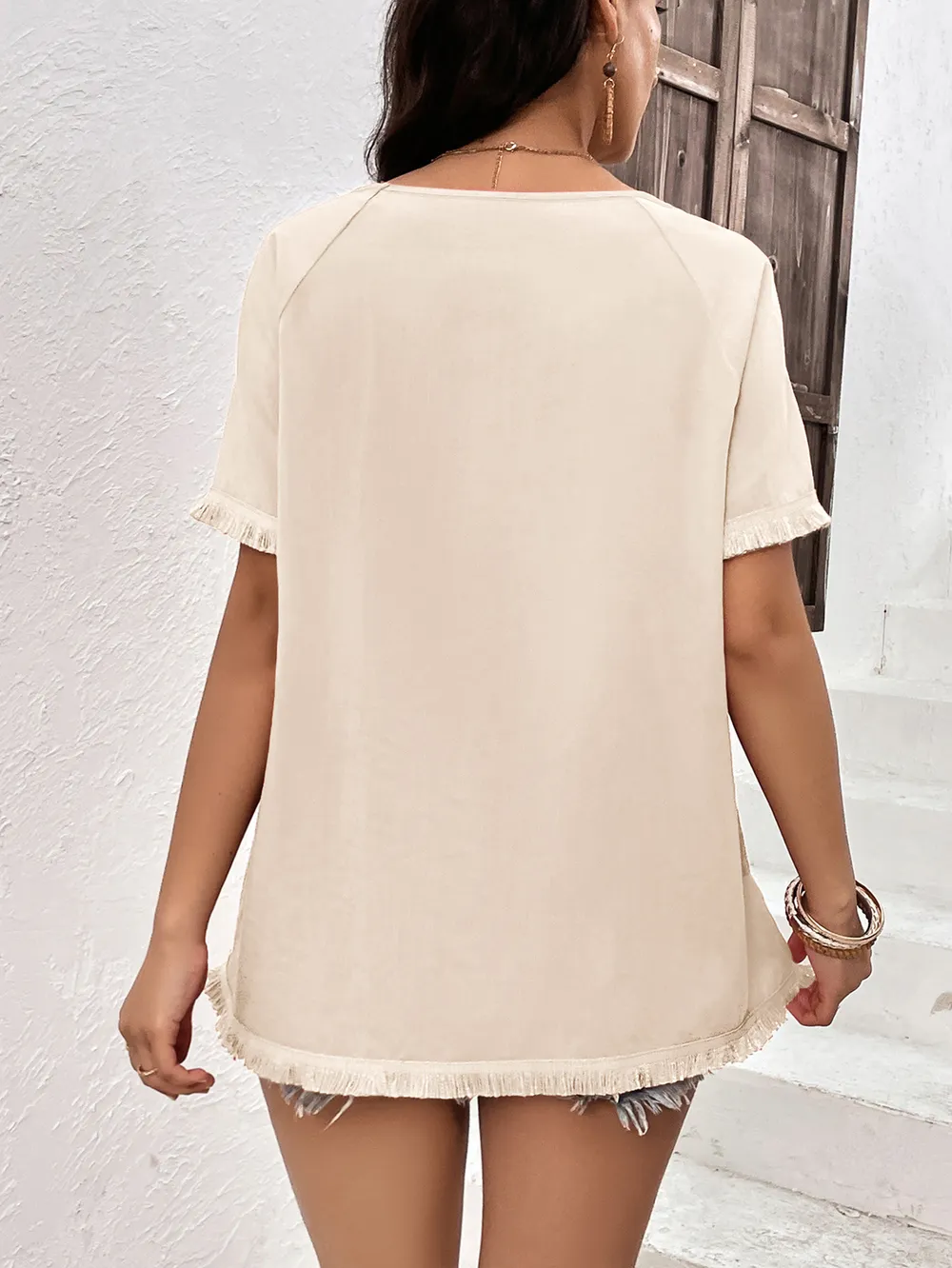 Round Neck Raglan Sleeve Fringe Detail Top, image 2