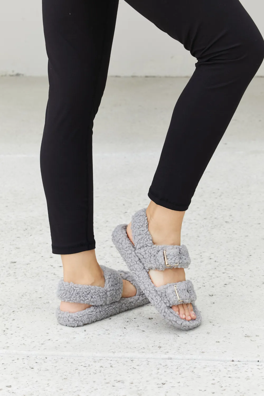 Cozy Atmosphere Faux Fur Buckled Sandals in Grey, image 2