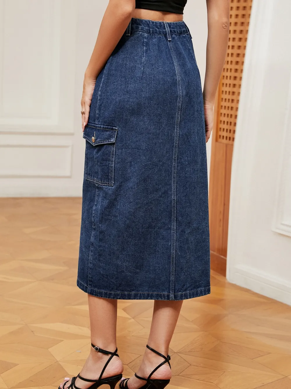 Button Down Midi Denim Skirt, image 5