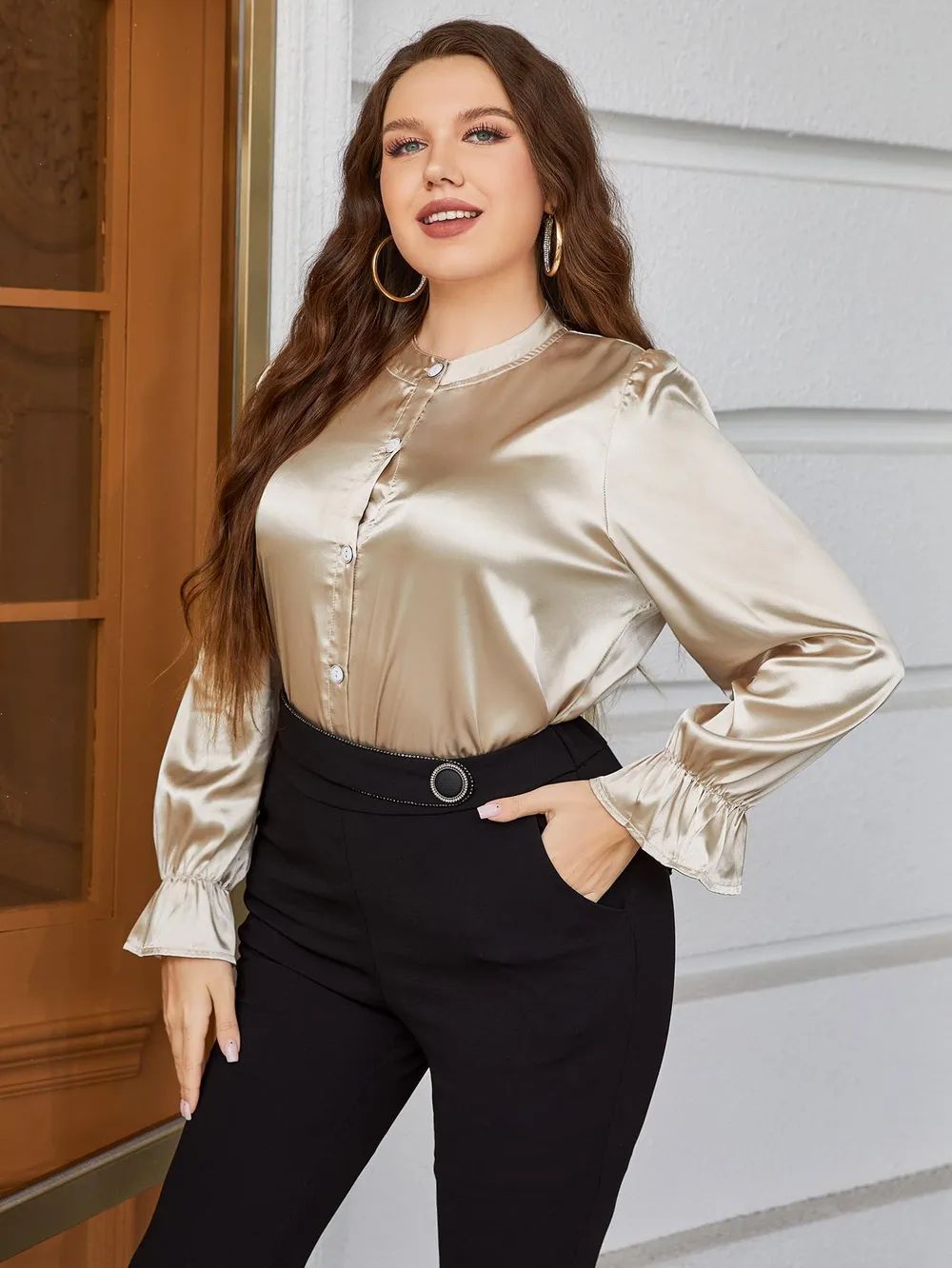Plus Size Flounce Sleeve Band Collar Shirt, image 5
