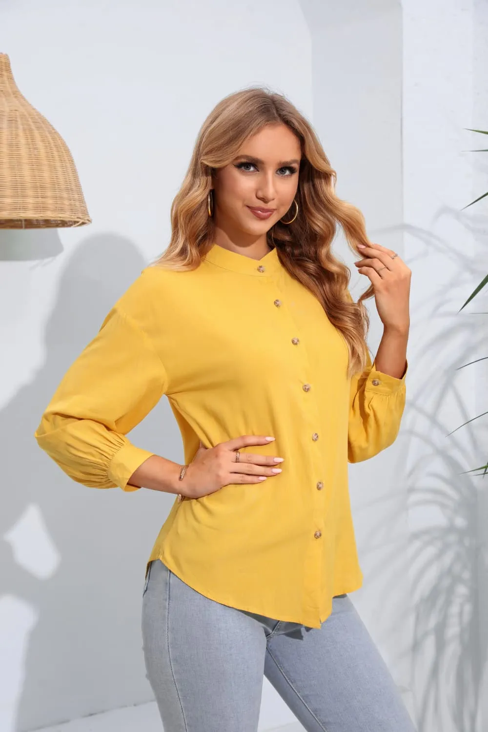 Mock Neck Buttoned Long Sleeve Shirt, image 2