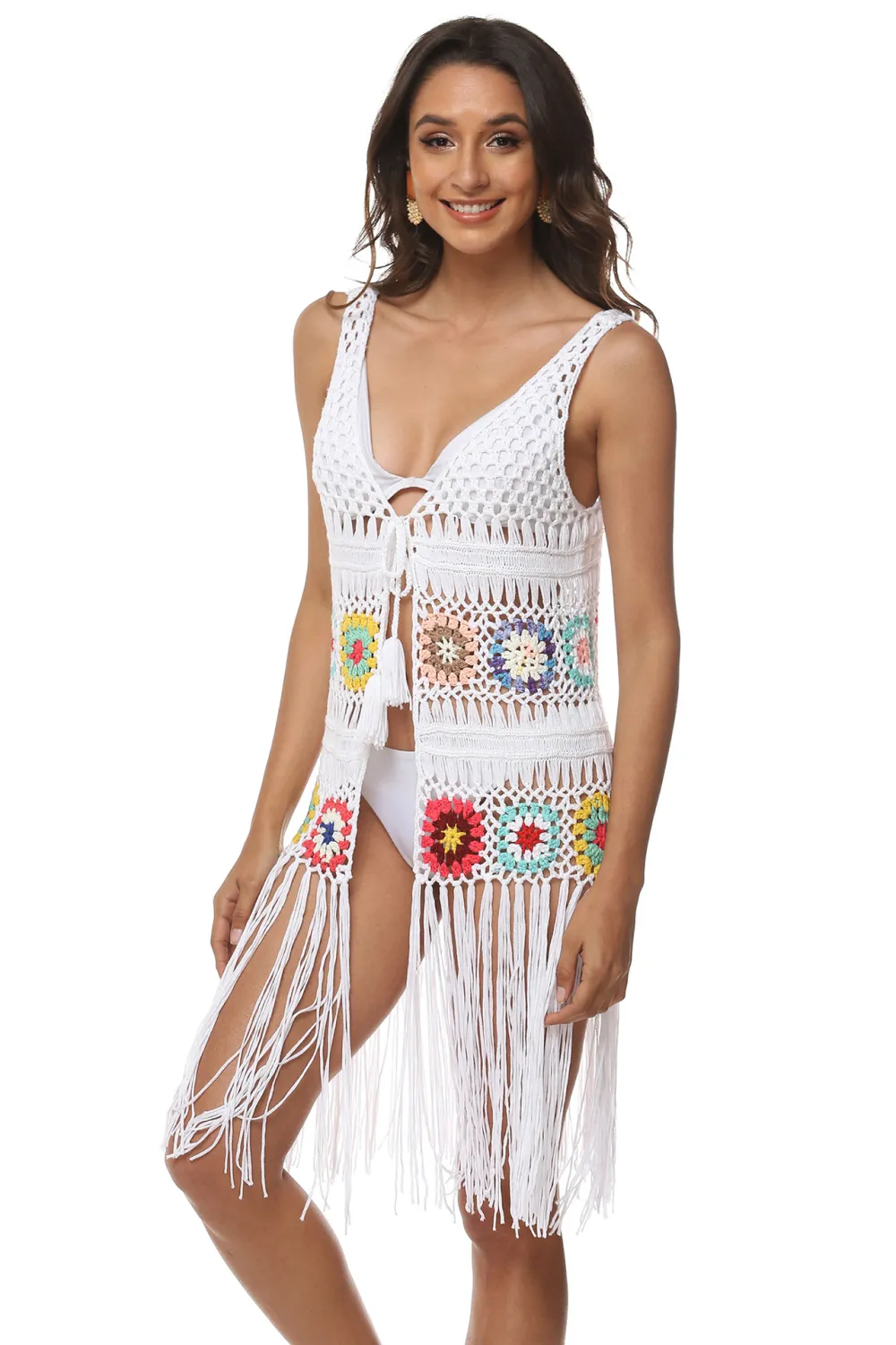 Openwork Fringe Detail Embroidery Sleeveless Cover-Up, image 2