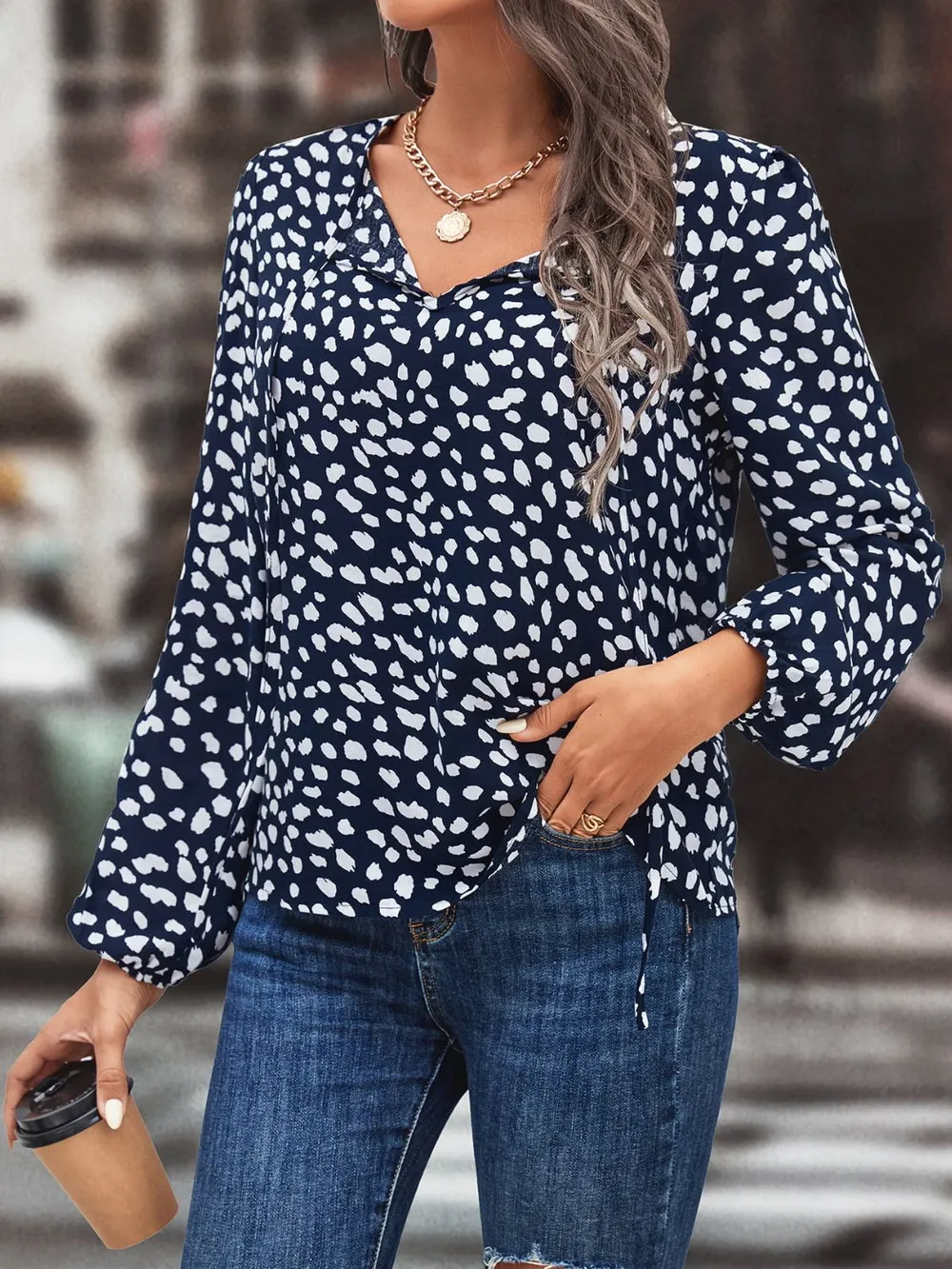 Printed Tie Neck Long Sleeve Blouse, image 3