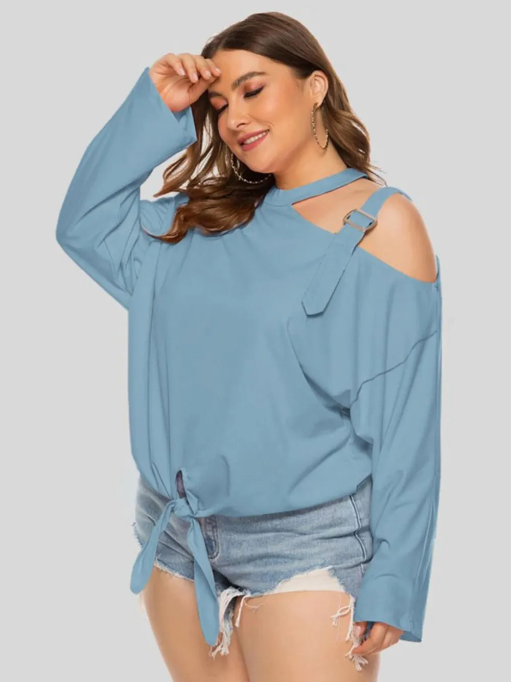 Plus Size Cold-Shoulder Tied Top, image 3