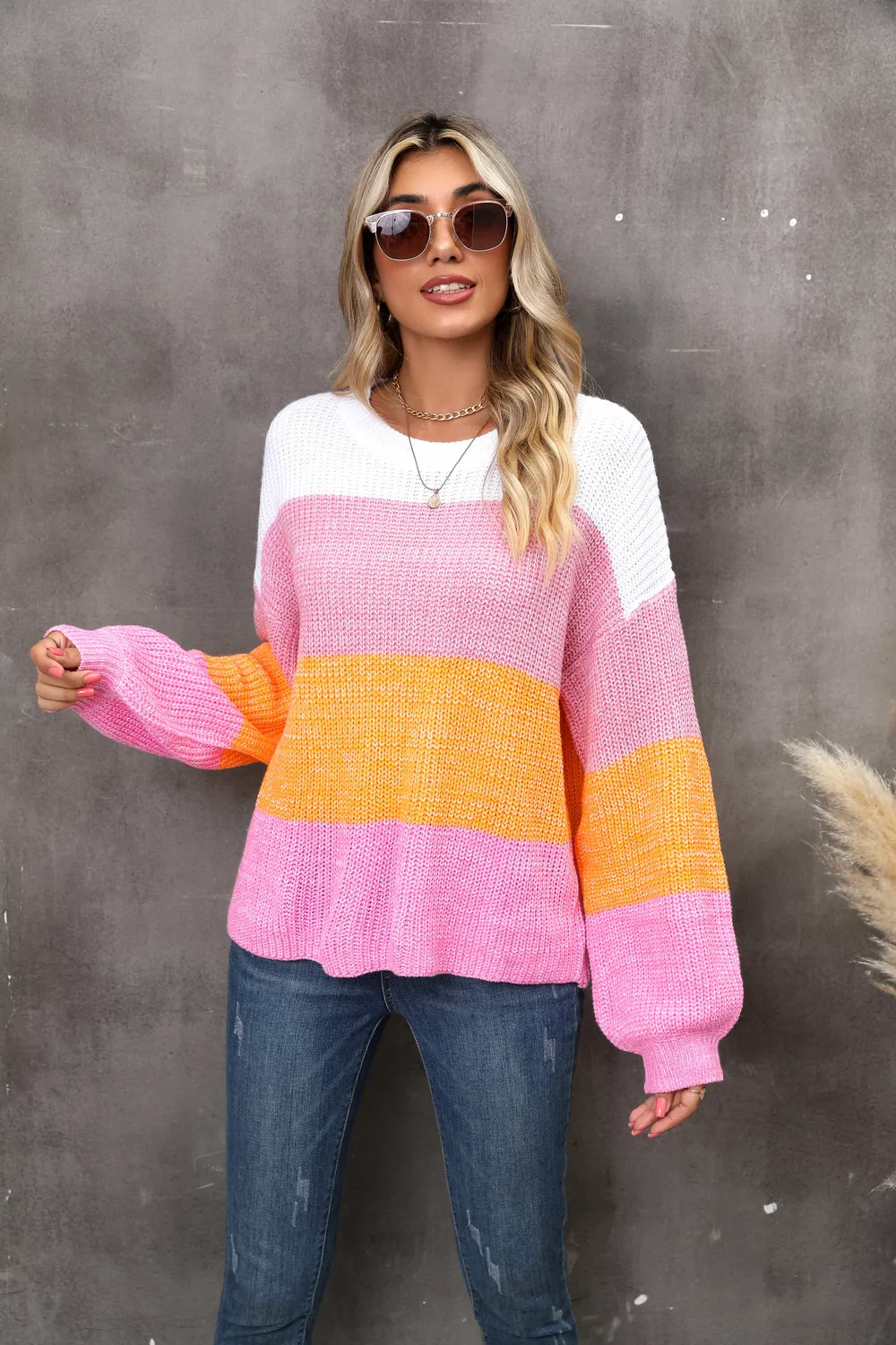 Color Block Round Neck Dropped Shoulder Sweater, image 4