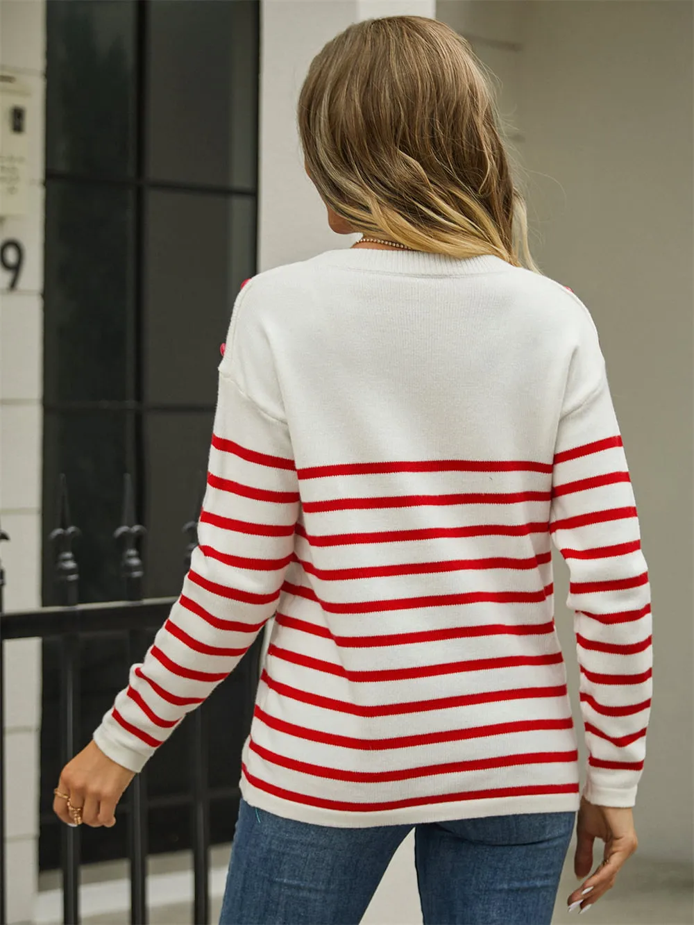 Round Neck Shoulder Button Striped Pullover Sweater, image 8