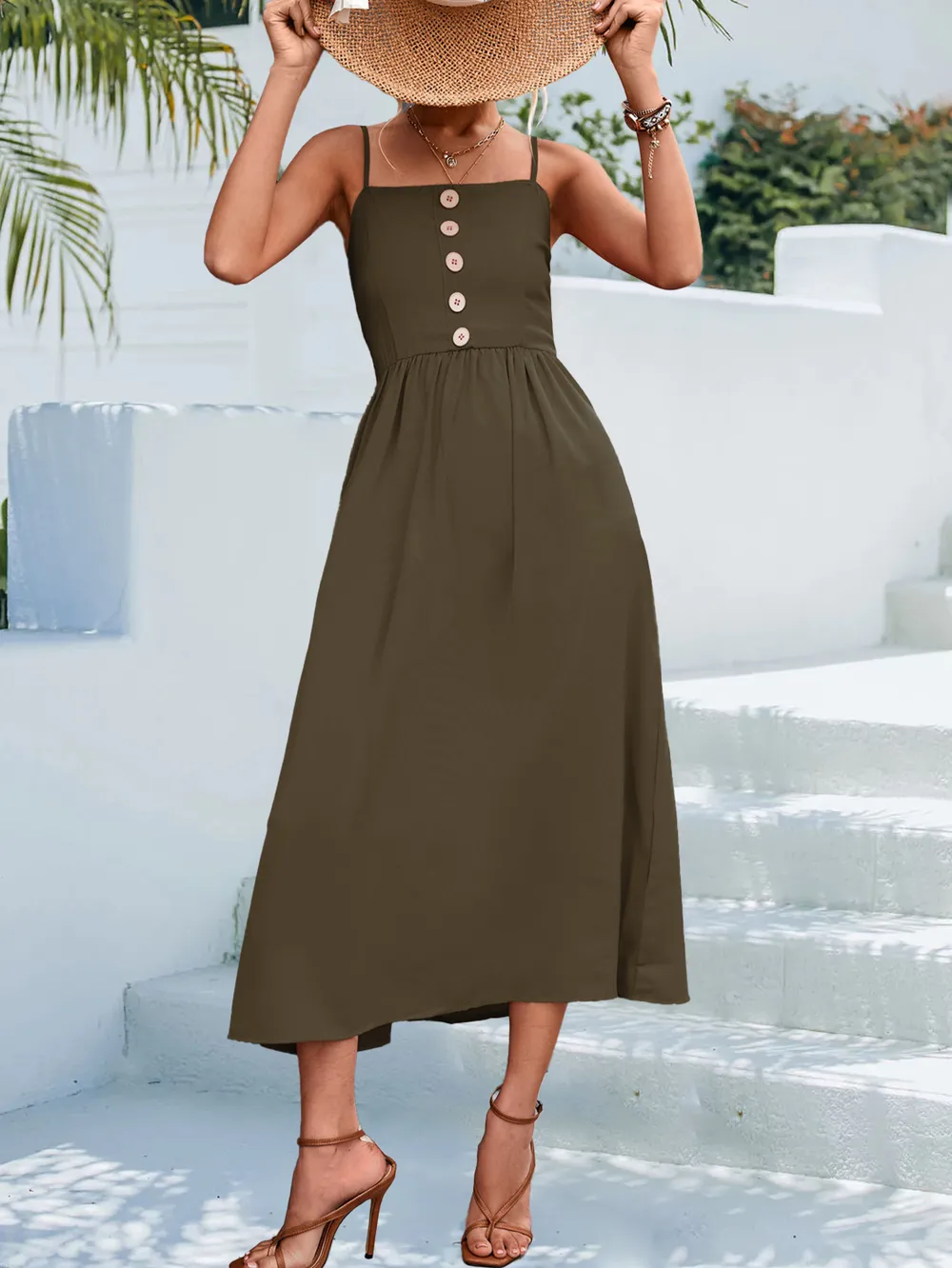Decorative Button Spaghetti Strap Midi Dress, image 5