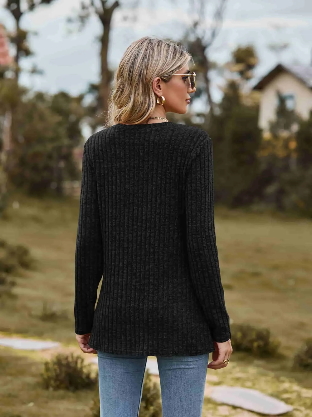 Ribbed Round Neck Long Sleeve Tee, image 25