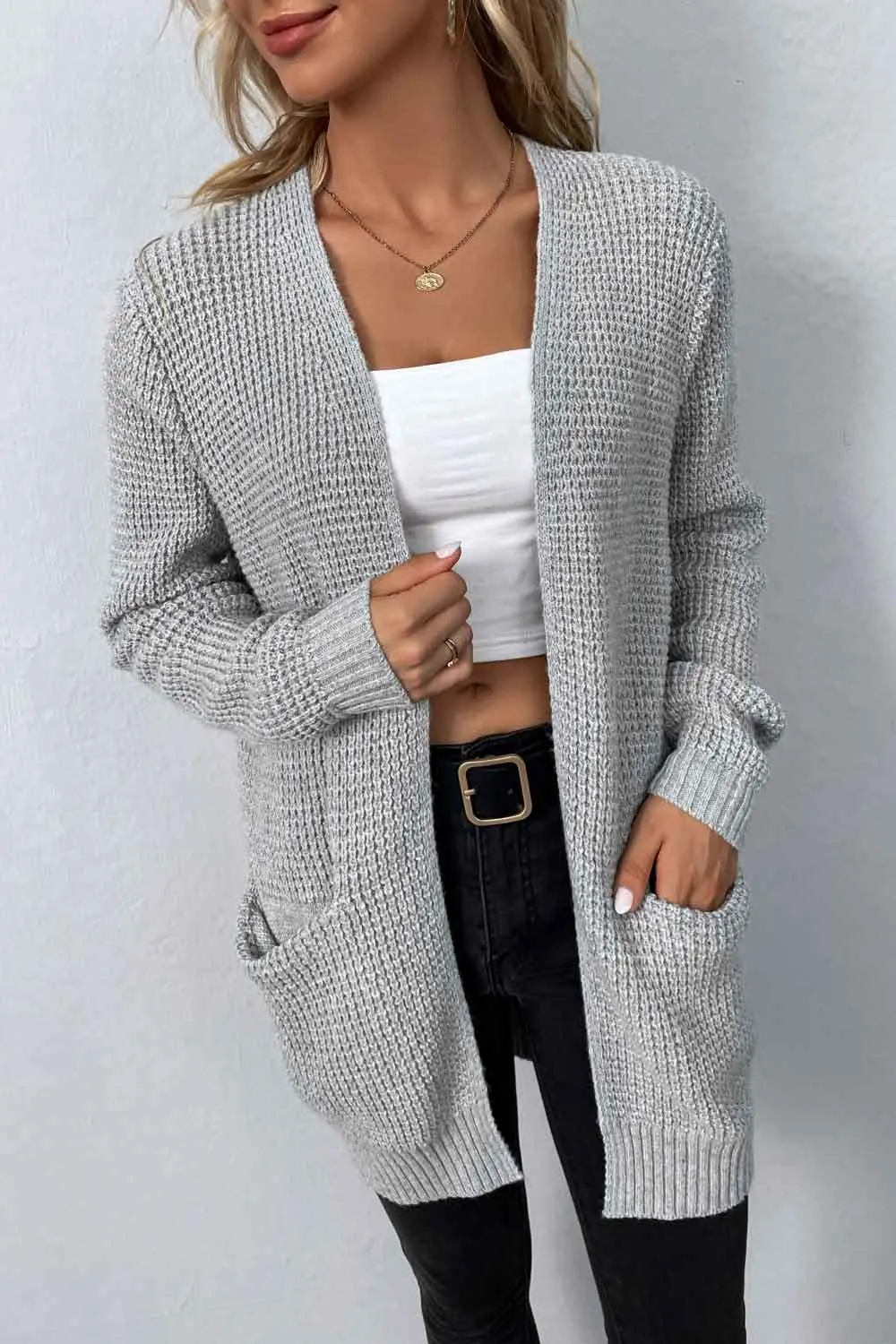 Rib-Knit Open Front Pocketed Cardigan, image 7