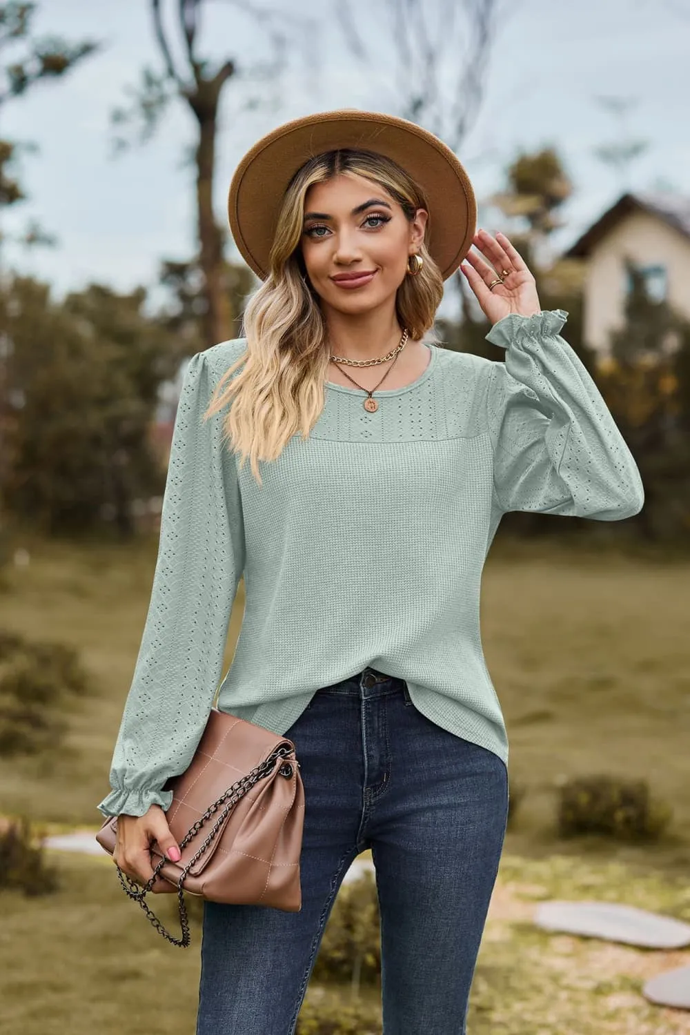 Round Neck Puff Sleeve Blouse, image 2