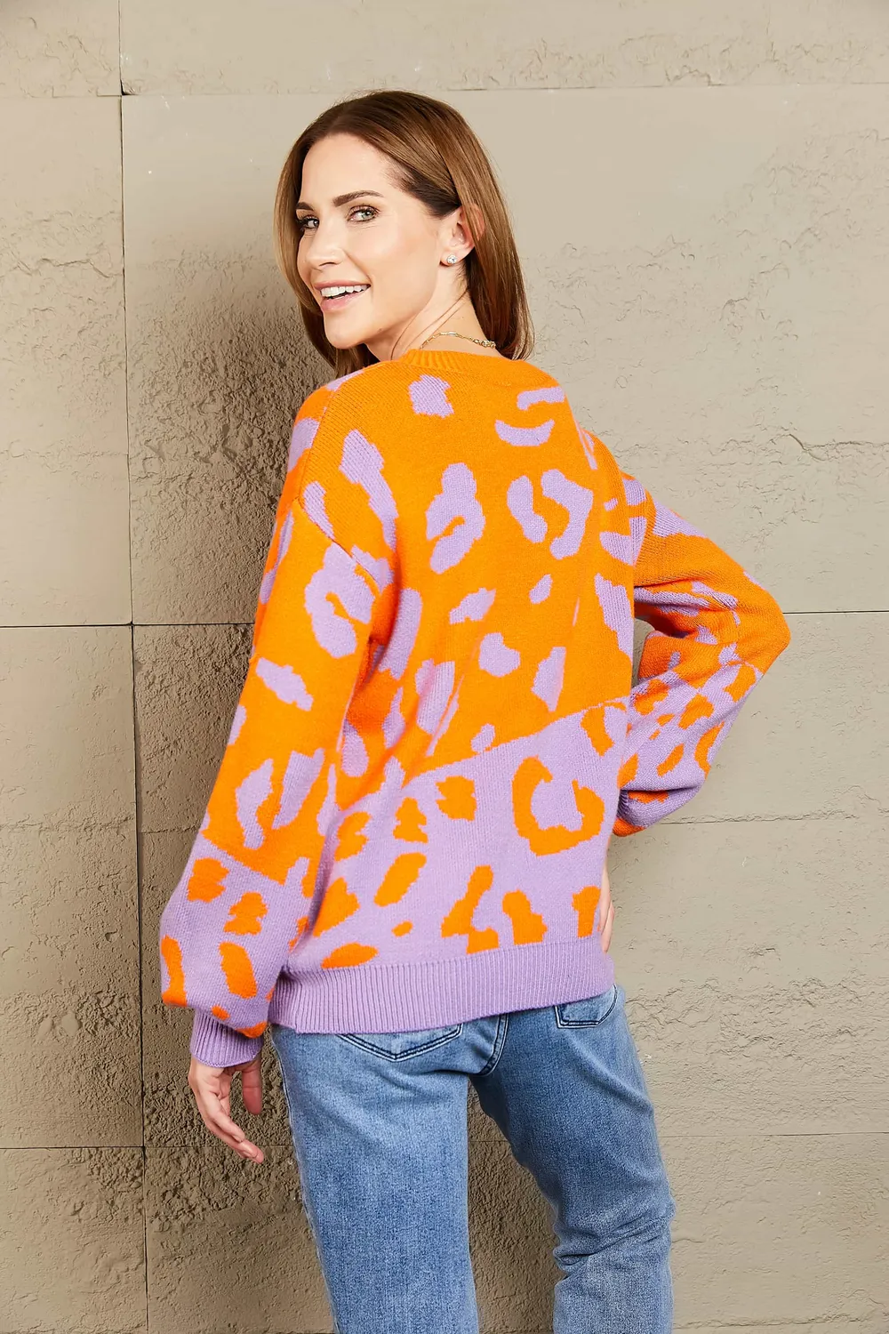 Leopard Round Neck Dropped Shoulder Sweater, image 3