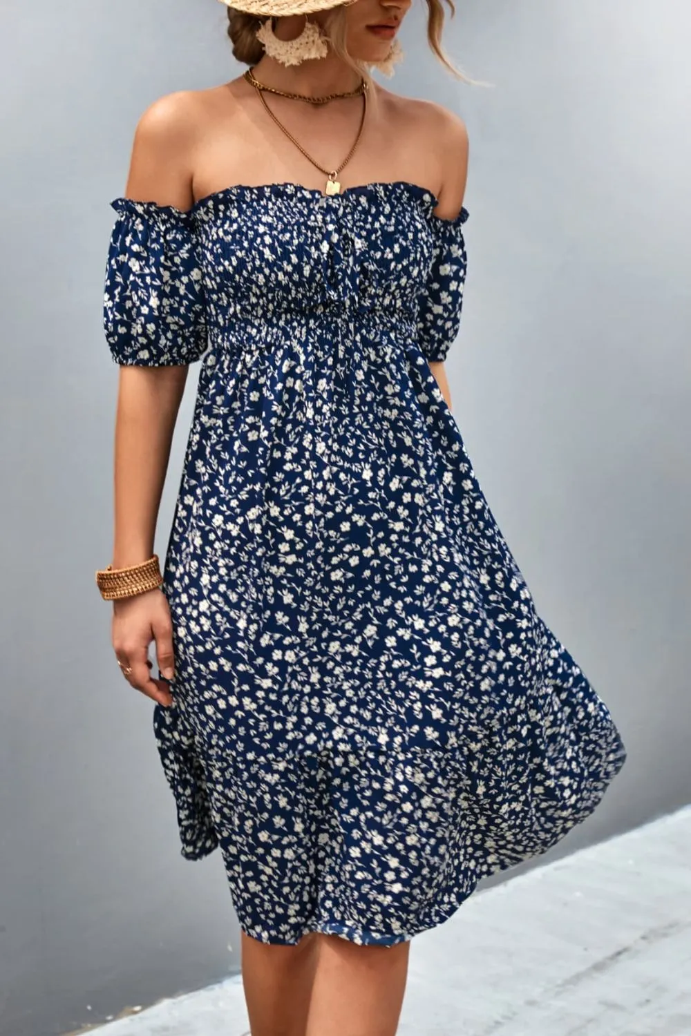 Ditsy Floral Smocked Frill Trim Off-Shoulder Dress, image 2