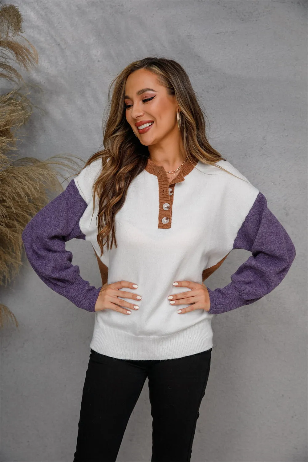 Round Neck Buttoned Knit Top, image 2