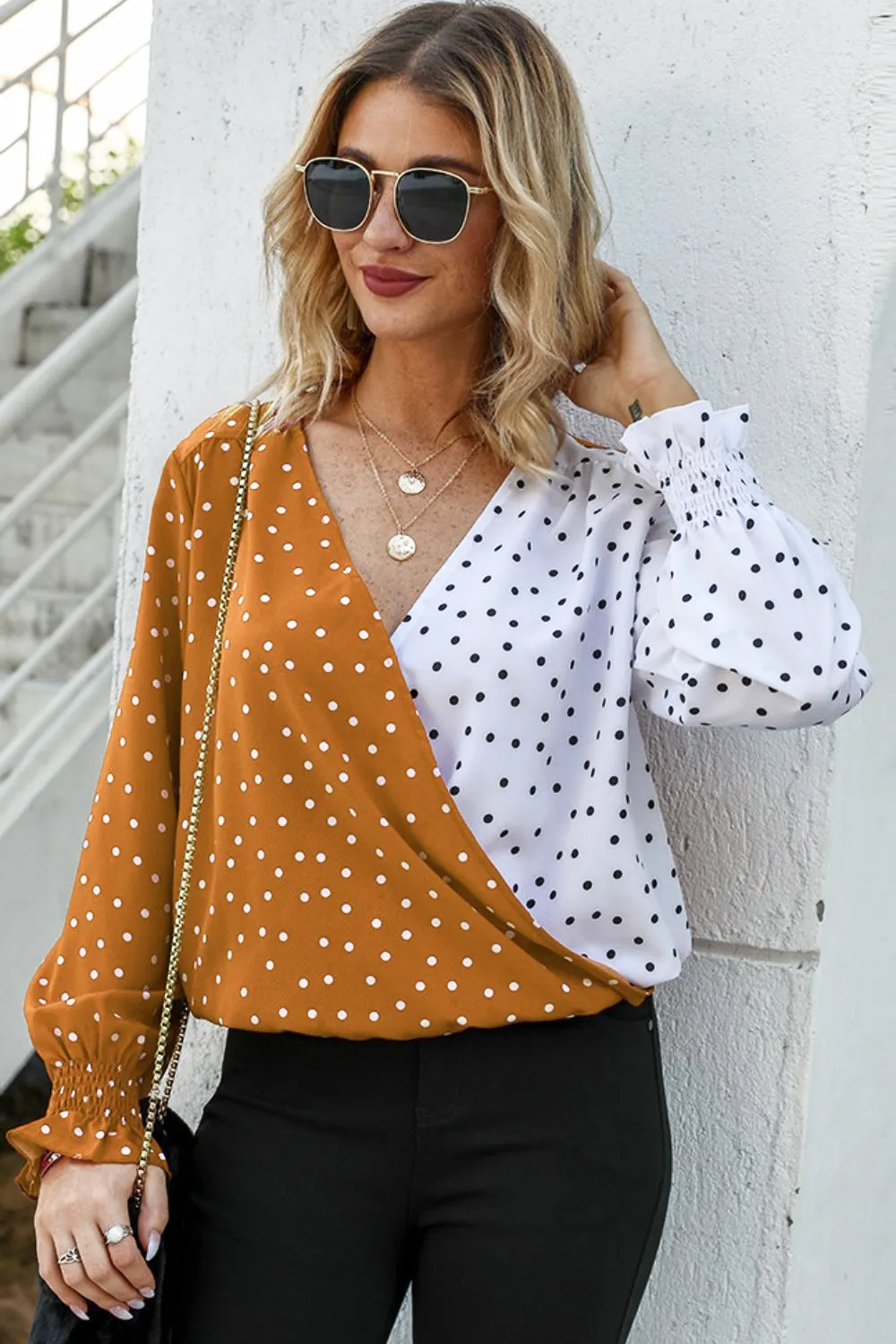 Polka Dot Surplice Neck Lantern Sleeve Blouse, image 2