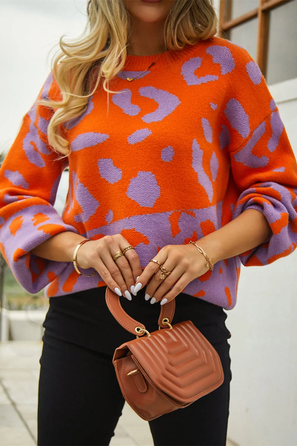 Leopard Round Neck Dropped Shoulder Sweater, image 11