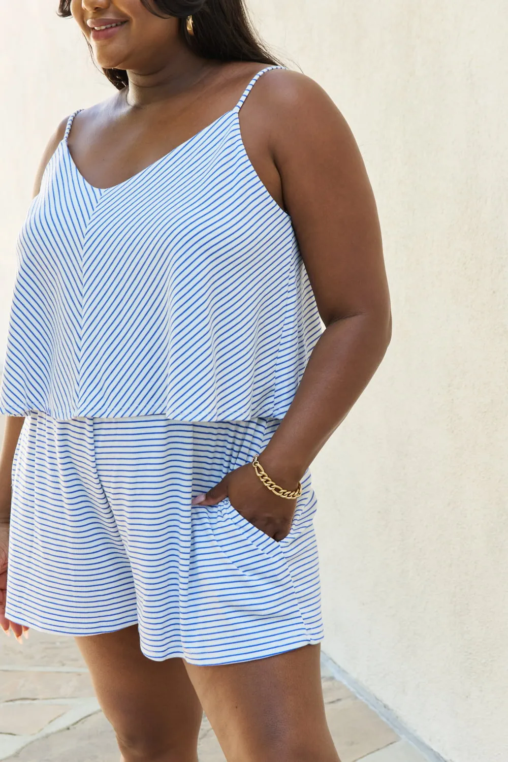 Let It Happen Full Size Double Flare Striped Romper in Cobalt Blue, image 2