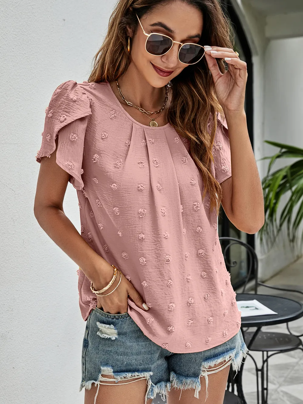 Swiss Dot Round Neck Petal Sleeve Top, image 20
