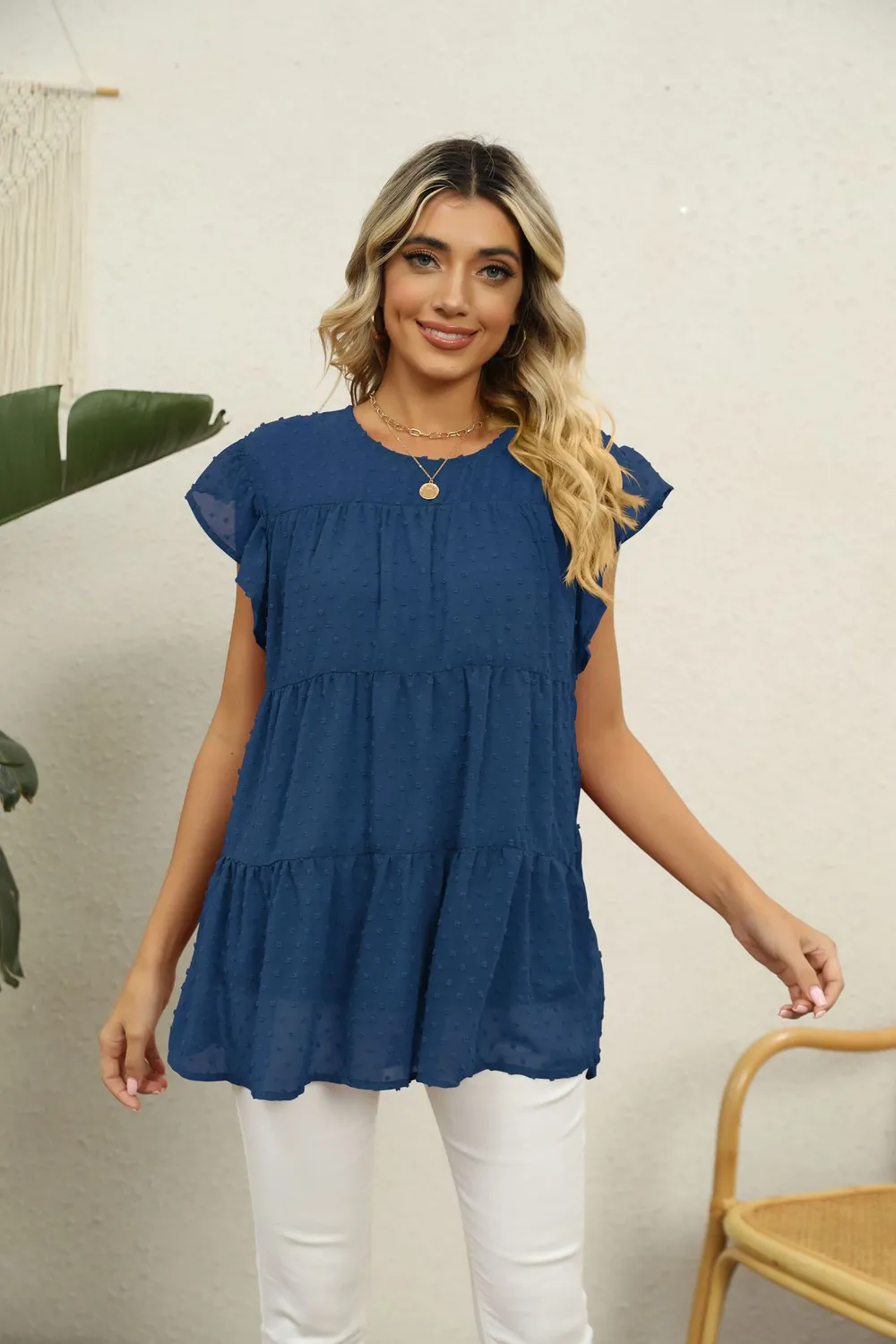 Swiss Dot Round Neck Tiered Blouse, image 19
