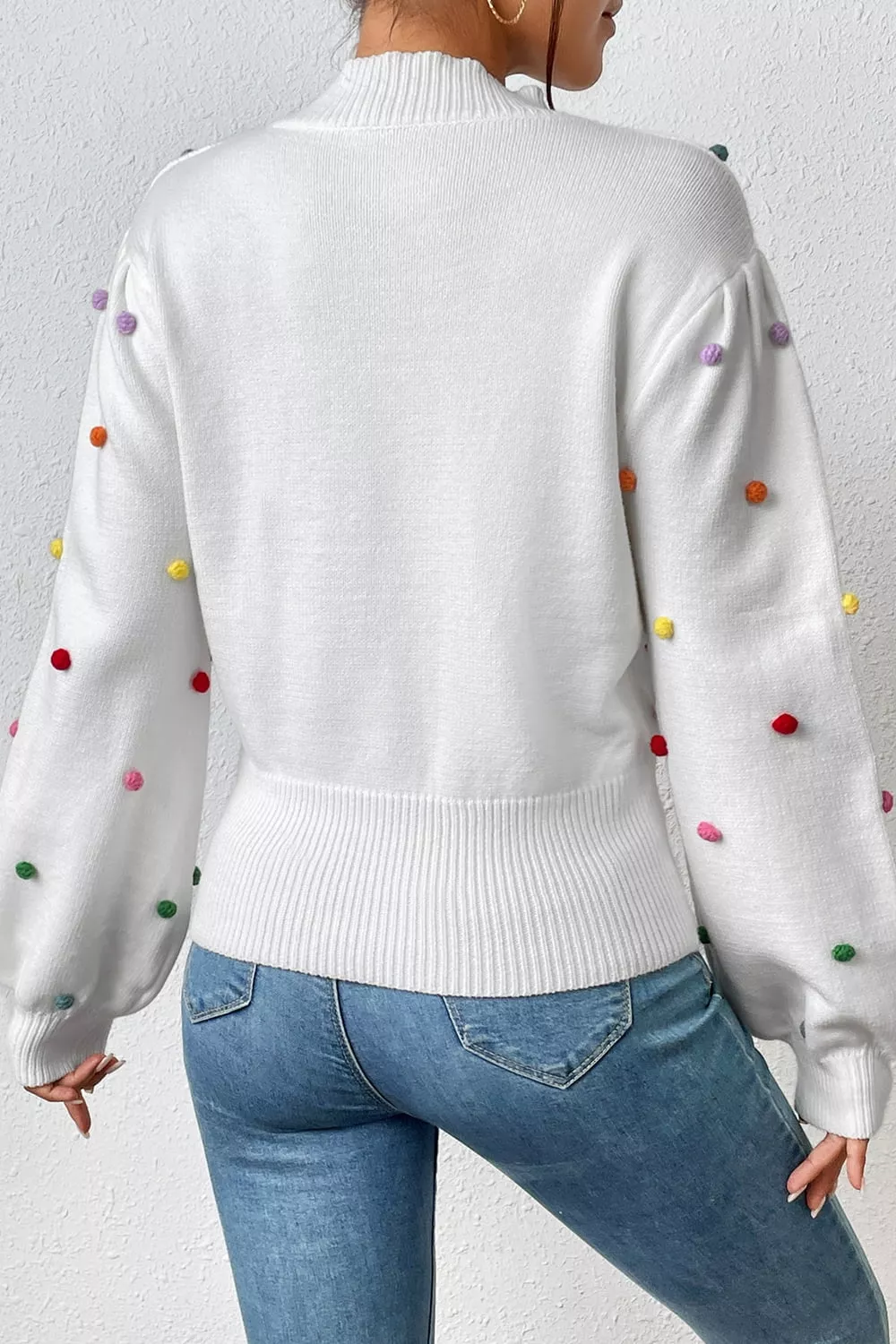 Pom-Pom Trim Mock Neck Long Sleeve Pullover Sweater, image 3