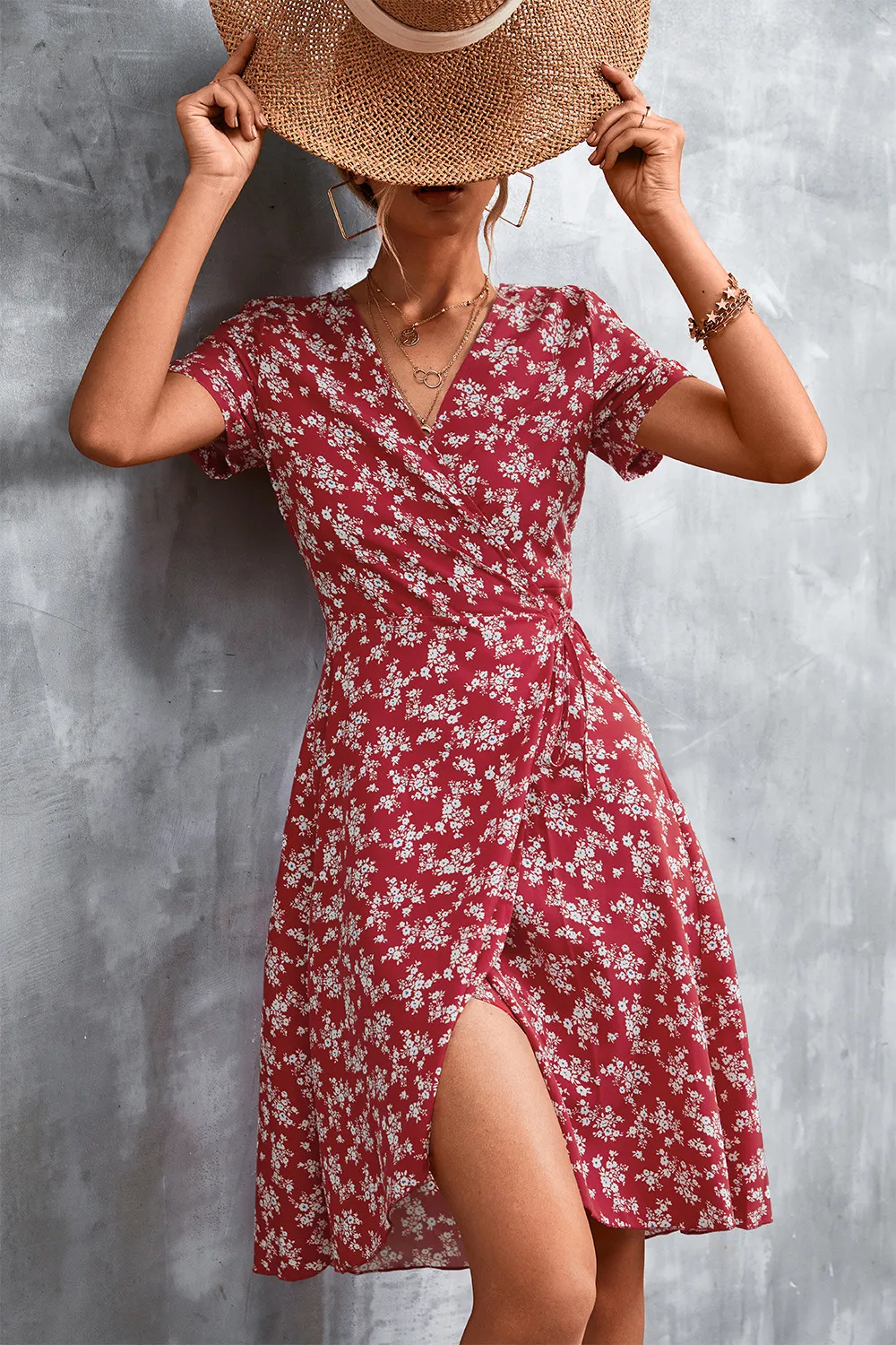 Floral Surplice Neck Flutter Sleeve Dress, image 2