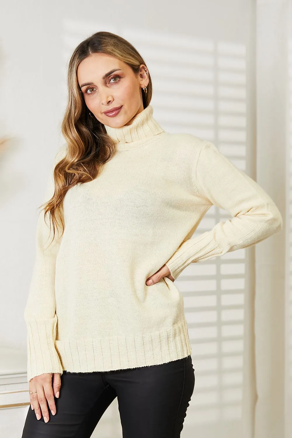 Full Size Long Sleeve Turtleneck Sweater with Side Slit, image 6