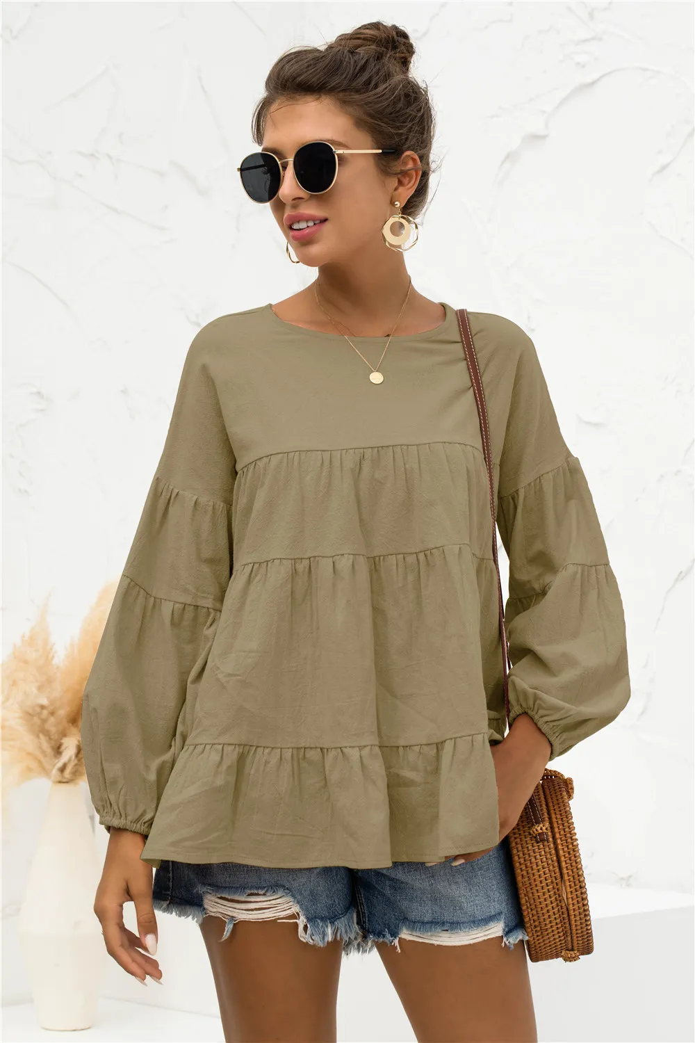 Round Neck Bubble Sleeve Tiered Blouse, image 3