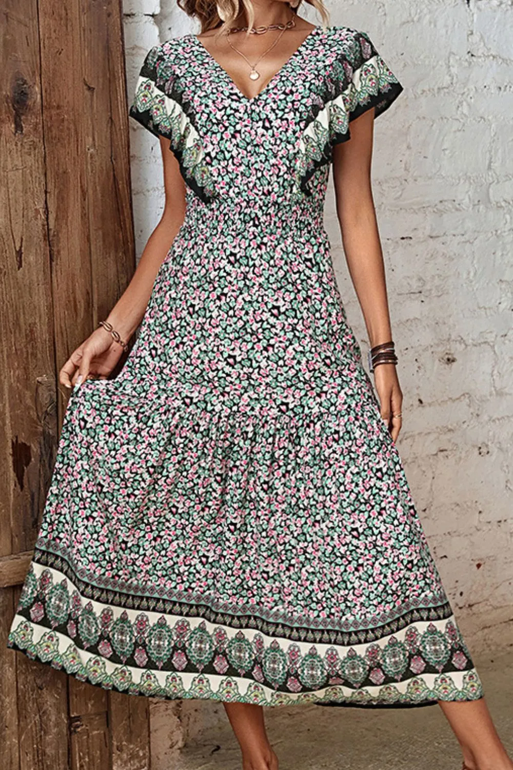 Ditsy Floral Ruffled Plunge Dress, image 2