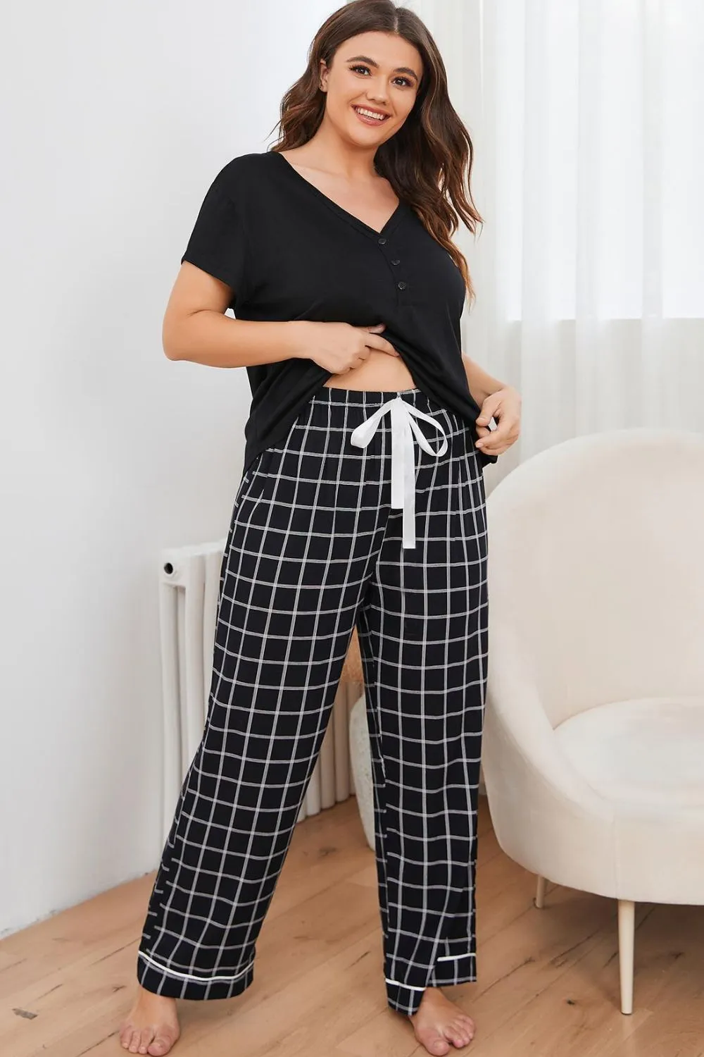 Plus Size V-Neck Top and Plaid Pants Lounge Set, image 6