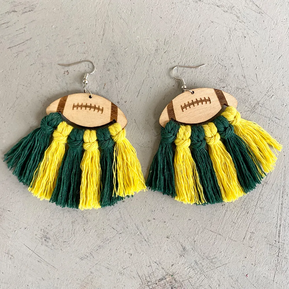 Fringe Detail Football Shape Wooden Dangle Earrings, image 4