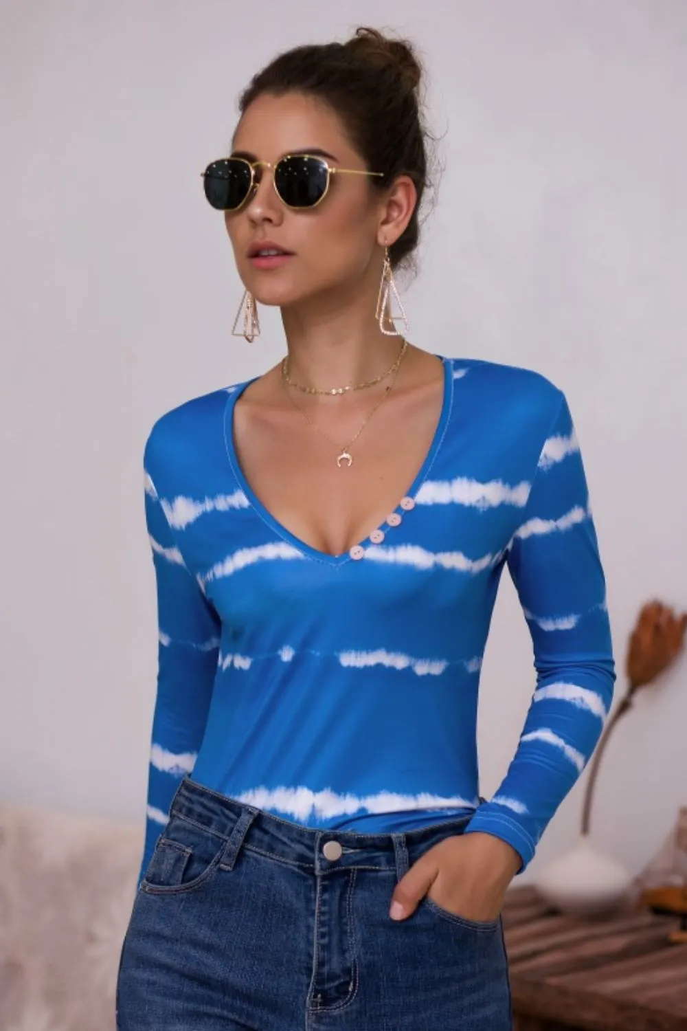 Tie-Dye Plunge Long Sleeve Top, image 2