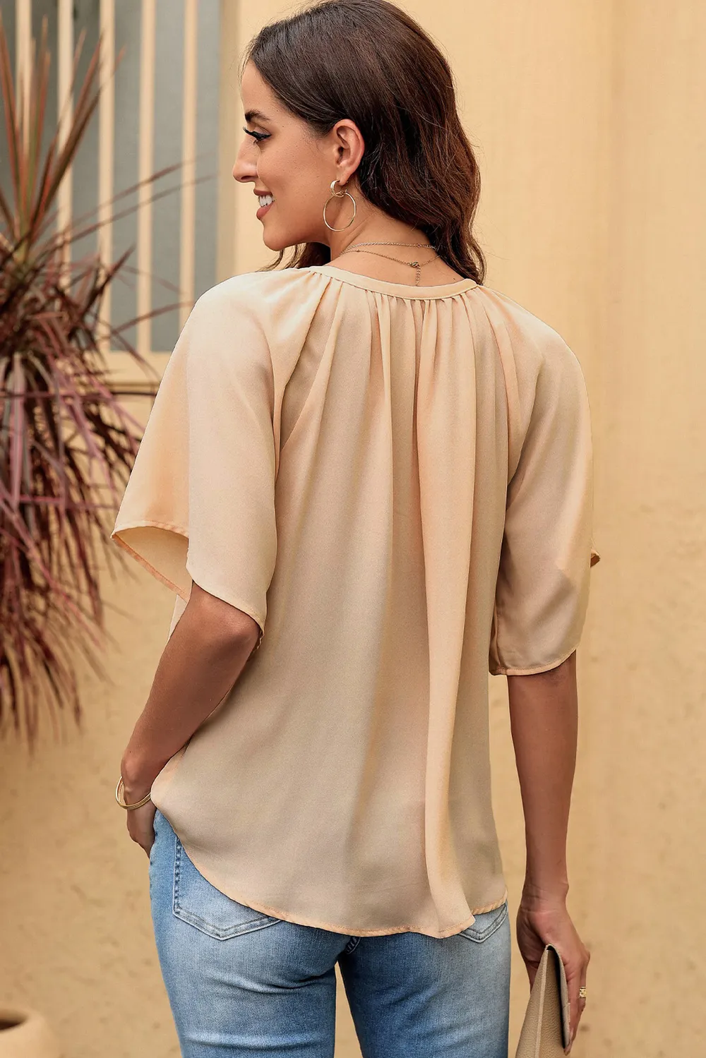 Gathered Detail Notched Neck Flutter Sleeve Top, image 2