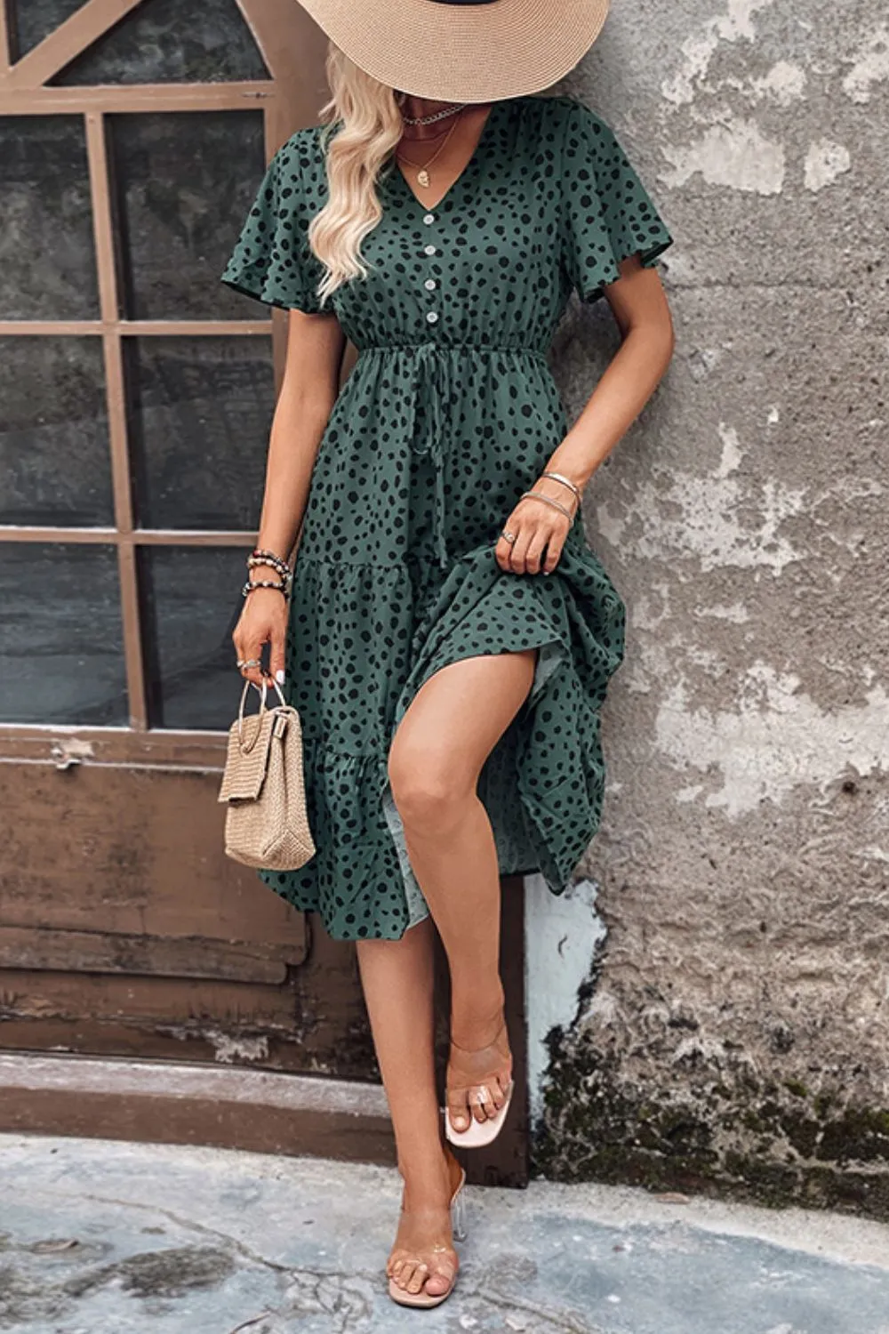 Printed Buttoned V-Neck Flutter Sleeve Dress, image 2