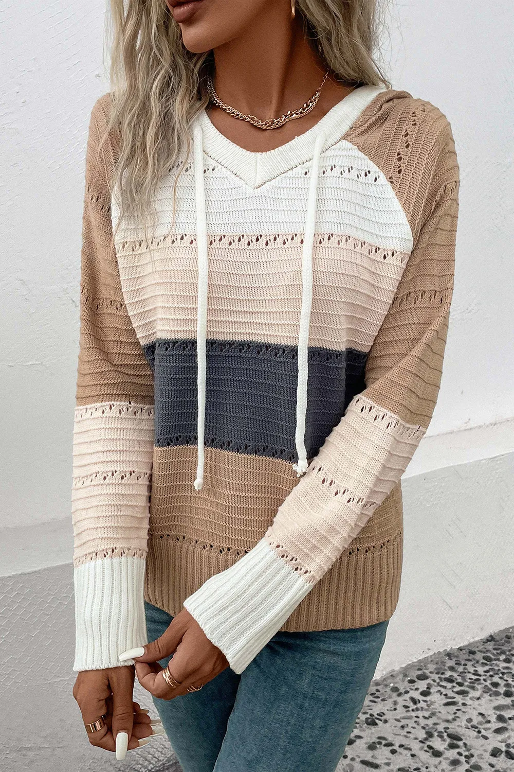 Color Block Drawstring Hooded Sweater, image 2