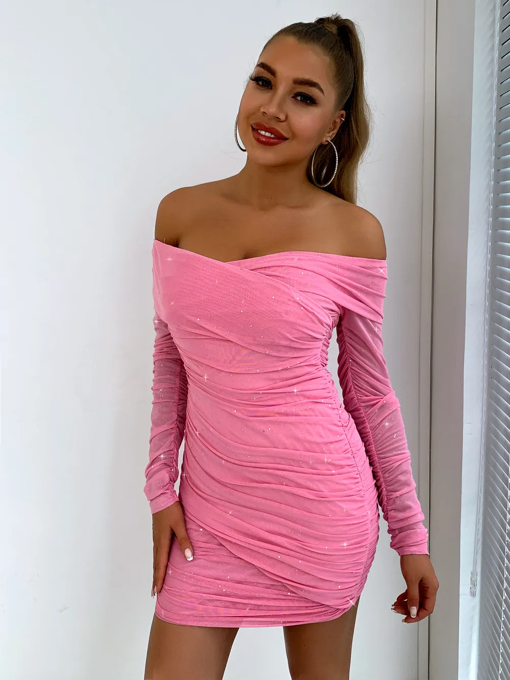 Glitter Ruched Off-Shoulder Long Sleeve Bodycon Dress, image 2